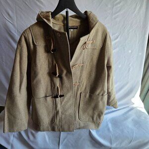 Chevignon Camel Wool Blend Duffle Coat – Size Large | Hooded Toggle Closure